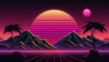 generativo ai, retrò stile, nostalgico anni 80, anni 90. notte paesaggio, tramonto colori, scifi, retrowave Vintage ▾ illustrazione. sole, montagne, strada e alberi. digitale retrò informatica superficie. foto