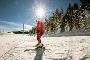 ragazza a inverno sciare beatitudine, un' soleggiato giorno avventura foto