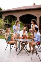 gruppo di giovane persone applauso con Cedro e mangiare Pizza di il piscina nel il giardino foto