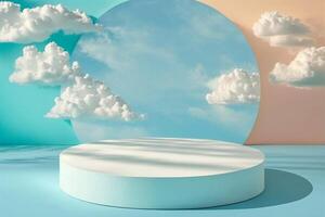 specchio con riflessione di cielo dietro a un' bianca Schermo podio e galleggiante nuvole su metà blu e metà leggero arancia sfondo. generativo ai. foto