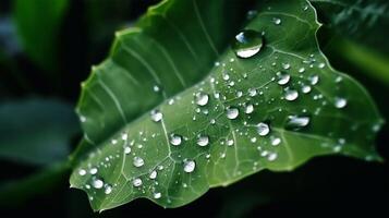 grande bellissimo gocce di trasparente pioggia acqua su un' verde foglia macro. mattina splendore nel il luce del sole. bellissimo foglia struttura nel natura. naturale sfondo. generativo ai foto