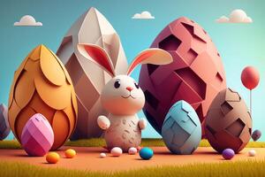 carta arte contento coniglietto e Pasqua uova cartone animato. Pasqua coniglietto, Pasqua coniglio, Pasqua lepre concetto. foto