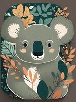 ai generato koala viso cartone animato con floreale e eucalipto. foto