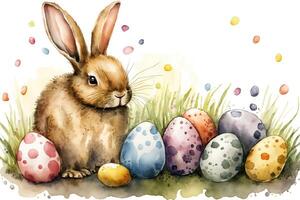 ai generato acquerello pittura contento coniglietto e Pasqua uova cartone animato. Pasqua coniglietto, Pasqua coniglio, Pasqua lepre concetto. foto