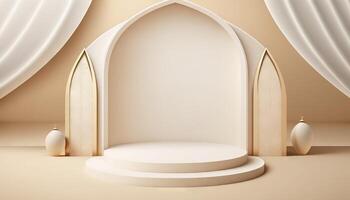 bianca morbido pastello podio islamico sfondo. Ramadhan ornamento su bianca morbido tappeto sfondo. generativo ai foto