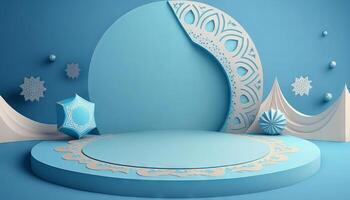 blu morbido pastello podio islamico sfondo. Ramadhan ornamento su blu morbido tappeto sfondo. generativo ai foto
