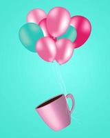 turchese e rosa palloncini trasporto un' tazza di caffè, su un' turchese sfondo. concetto idee per annunci e articoli di caffè foto