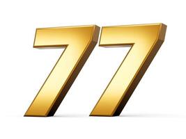 oro numero 77 Settanta Sette isolato bianca sfondo. brillante 3d numero fatto di oro 3d illustrazione foto