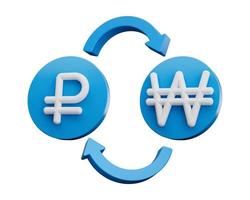 3d bianca rublo e ha vinto simbolo su arrotondato blu icone con i soldi scambio frecce, 3d illustrazione foto