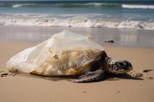 un' tartaruga intrappolati nel un' plastica Borsa dire bugie su il spiaggia. il concetto di un ecologico disastro causato di plastica spazzatura. ai generato foto