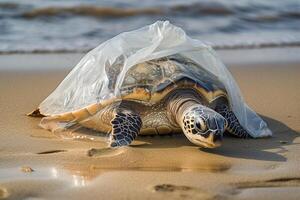 un' tartaruga intrappolati nel un' plastica Borsa dire bugie su il spiaggia. il concetto di un ecologico disastro causato di plastica spazzatura. ai generato foto