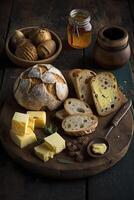 assortimento di pane, formaggio, burro e miele per colazione, su rustico tavolo. generativo ai foto