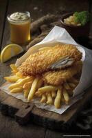 avvicinamento di patatine fritte e pesce. generativo ai foto