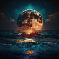 illustrazione magico Luna salire su il oceano fatto con generativo ai foto