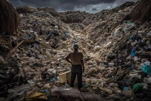 mam in piedi nel un' enorme cumulo di rifiuti con un' lotto di plastica rifiuto e vario Usato spazzatura. ambientale inquinamento concetto. creato con generativo ai foto