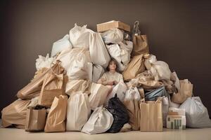 donna si siede nel mucchio di shopping borse. concetto di shopping, consumo eccessivo e acquisto non necessario le cose. creato con generativo ai foto