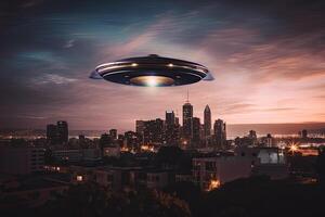 volante piattino volante nel il cielo al di sopra di notte città. ufo invasione. alieno rapimento. creato con generativo ai foto