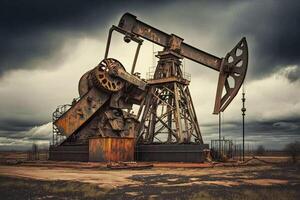 pompa oli perforazione derrick nel deserto. energia crisi nel mondo concetto. olio produzione e fossile risorse. creato con generativo ai foto