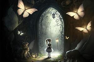 ai generato il regno di il fate. un' ragazza, farfalle e misterioso porta. fantasia Magia mondo. foto