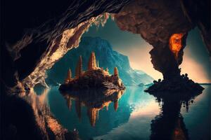 ai generato gigante rocce e grotta Ingresso riflettere su acqua di lago fantasia sfondo foto