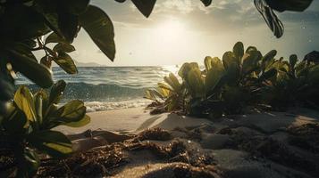 tropicale spiaggia con palma alberi e sabbia dune a tramonto, blu mare foto