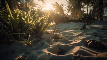 tropicale spiaggia con palma alberi e sabbia dune a tramonto, blu mare foto