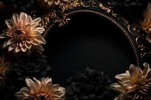 bellissimo nero sfondo con fiori e copia spazio. vuoto spazio per testo. telaio, buio sfondo. generativo ai. foto