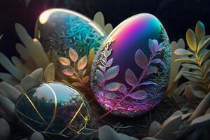 olografico Pasqua uova e impianti. vibrante, iridescente colori. contento Pasqua giorno. di moda design. generativo ai. foto