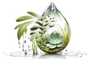 bellissimo illustrazione con acqua far cadere e impianti isolato su bianca sfondo. natura, flora, acqua, crescita, naturalezza, vita concetto. avvicinamento Visualizza. generativo ai. foto