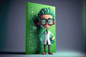 ai generato scienziato indossare bicchieri e greenboard. 3d cartone animato stile. foto