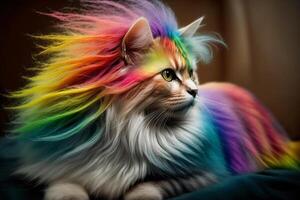 freddo e colorato gatto. arcobaleno colori. diversità, tolleranza, inclusione concetto. diverso e unico per essere. alla moda gattino. generativo ai. foto