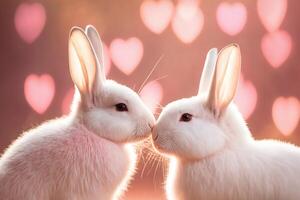 Due coniglietti siamo baciare. bellissimo luce, bokeh effetto. San Valentino giorno, amore. coppia, relazione. cartolina, saluto carta design. generativo ai. foto