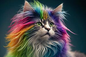 freddo e colorato gatto. arcobaleno colori. diversità, tolleranza, inclusione concetto. diverso e unico per essere. alla moda gattino. generativo ai. foto