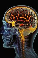 scansionato umano testa nel profilo, luminosa arancia cervello e testa e collo vene, generativo ai. foto