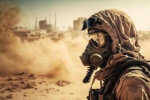 polvere tempesta nel il città, uomo con gas maschera e ossigeno cilindro per proteggere contro polvere foto