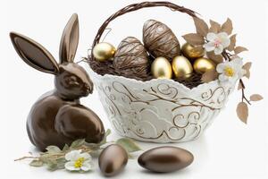 tradizionale cioccolato coniglietto e cestino con Pasqua uova, generativo ai. foto