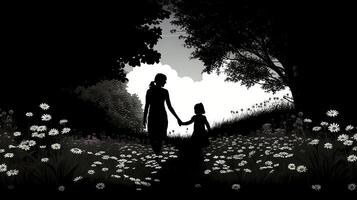 un' silhouette di un' madre e bambino Tenere mani e a piedi nel un' parco circondato di fioritura fiori - ai generato foto
