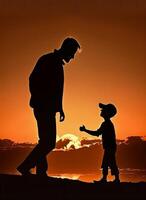 silhouette padre e figlio giocando nel il tramonto - ai generato foto