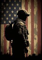 americano bandiera e soldato, memoriale giorno - ai generato foto