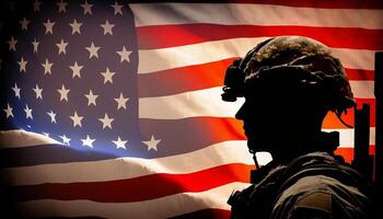 americano bandiera e soldato, memoriale giorno - ai generato foto