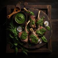 agnello braciole preparato con pesto salsa. illustrazione ai generativo foto