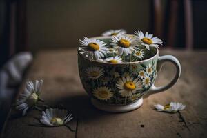 camomilla fiori nel tazza. illustrazione ai generativo foto