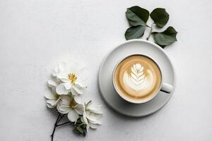 piatto bianca caffè fiore latte macchiato arte su bianca tavolo. illustrazione ai generativo foto