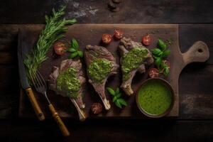 agnello braciole preparato con pesto salsa. illustrazione ai generativo foto