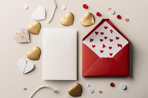 San Valentino giorno carta modello con cuori e rosso Busta. illustrazione ai generativo foto