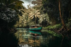 barca galleggia su il fiume nel tropicale foresta. illustrazione ai generativo foto