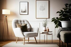 minimalista composizione di elegante vivente camera spazio. illustrazione ai generativo foto