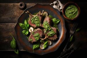 agnello braciole preparato con pesto salsa. illustrazione generativo ai foto