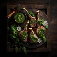 agnello braciole preparato con pesto salsa. illustrazione ai generativo foto