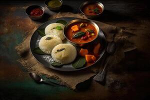idli sambar o idli con sambhar e verde rosso chutney illustrazione ai generativo foto
